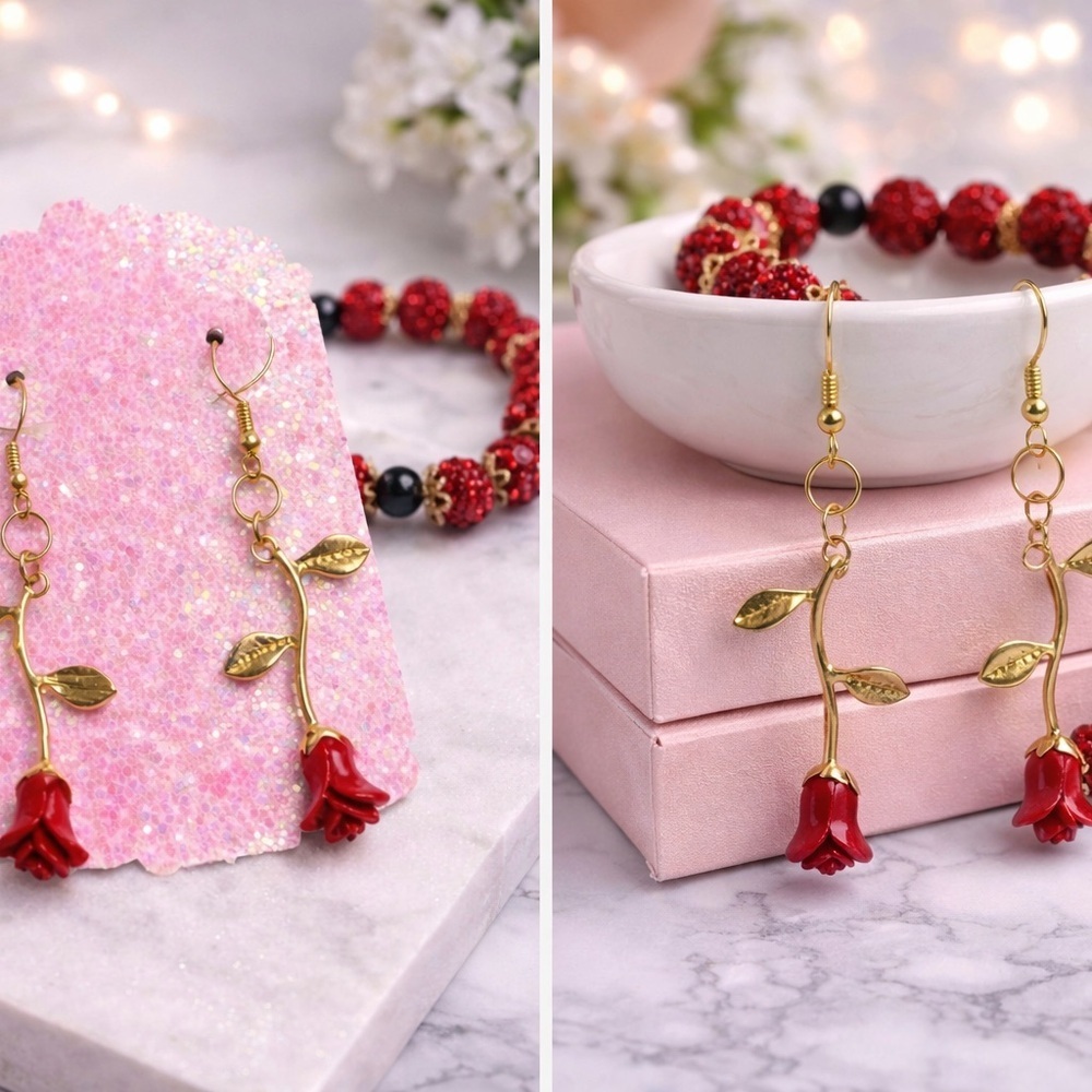 Elegant Red Rose Earrings with Gold Leaves - Picture 3 of 3